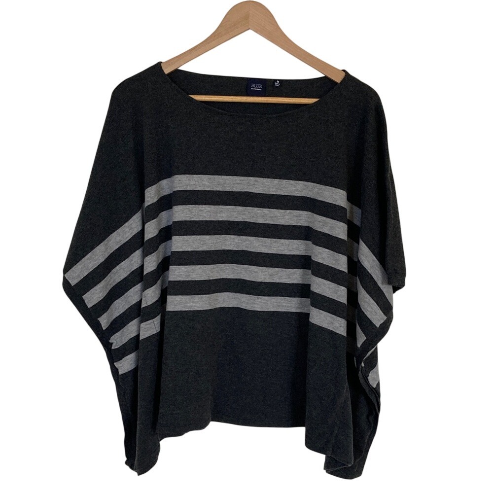 Blue Saks Fifth Avenue Womens Gray Black Striped Poncho Size M Merino Wool Blend